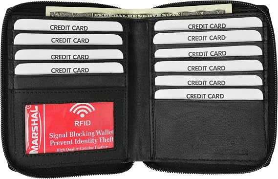 RFID Blocking Mens Leather Zippered Wallet (Black)