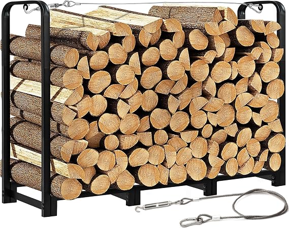 4FT Firewood Rack Stand - Fireplace Wood Storage Stacker Holder Heavy Duty Pile Logs Rack Holder for Outdoor Indoor Metal Firewood Logs Stacker, Black