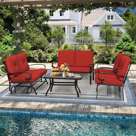 Oakcloud 5-Piece Outdoor Metal Furniture Sets Patio Conversation Set Wrought Iron Glider, 2 Single Chairs, Loveseat and Coffee Table, Red