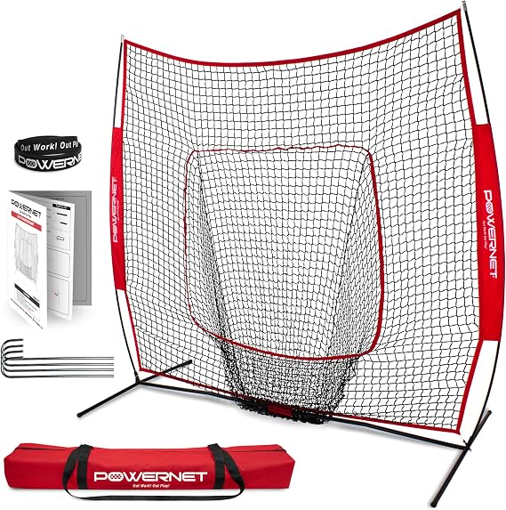 PowerNet Baseball Softball Practice Net for Hitting and Throwing with 7x7 Bow Frame