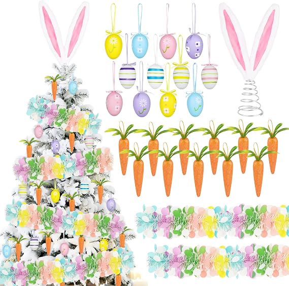 Letsroar Easter Tree Decorations Ornaments for Tree - Easter Egg Tree Ornaments Bunny Ears Tree Topper Garland Carrots Hanging Decorations for Spring Holiday Home Party Supplies