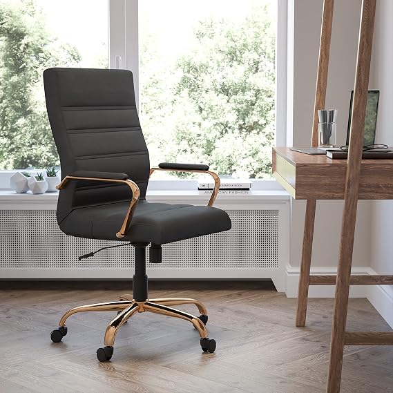 BizChair High Back Black LeatherSoft Executive Swivel Office Chair with Gold Frame and Arms