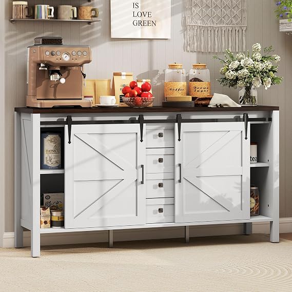 HOMCOM 59 Inch Farmhouse Sideboard Buffet Cabinet Distressed White