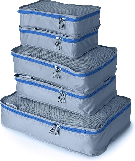 MUMI Packing Cubes for Travel - 5 Set Luggage Organizer Bags, Blue | Travel organizer bags for suitcases, carry on and backpack; holds clothes, kids items and accessories