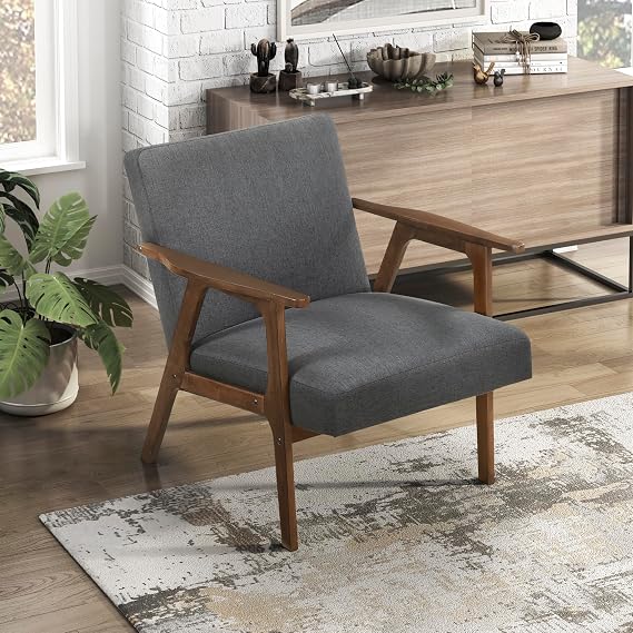 Lexicon Mid Century Modern Accent Chair,Brown Solid Wood Frame,Dark Gray