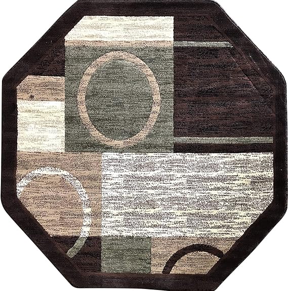 Americana Modern Octagon Area Rug Brown with Green Design 1497 (5 Feet 3 Inch X 5 Feet 3 Inch)