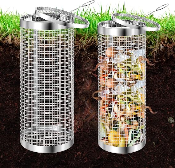 UNIFAMILY Compost Bin Outdoor Inground Worm Composting Bin Kit for Raised Garden Beds, 2 PCS Small Metal Farm Compost Bin for Garden, Reducing Food Waste Composting Systems Sustainable Worm Composter