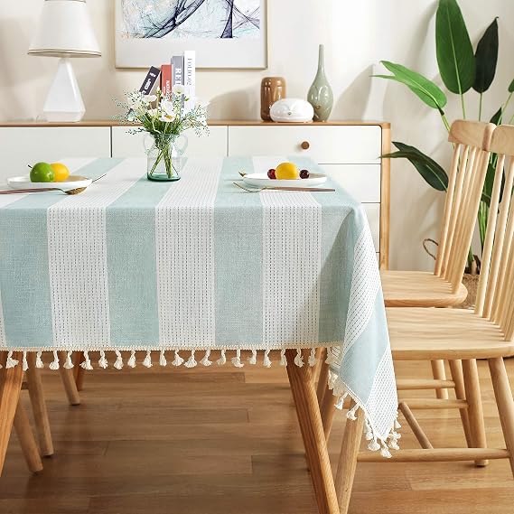 AmHoo Stitching Tassel Tablecloth Striped Table Cloth Rectangle Cotton Linen Dust-Proof Table Cover for Kitchen Dinning 54 x 54 Inch Teal