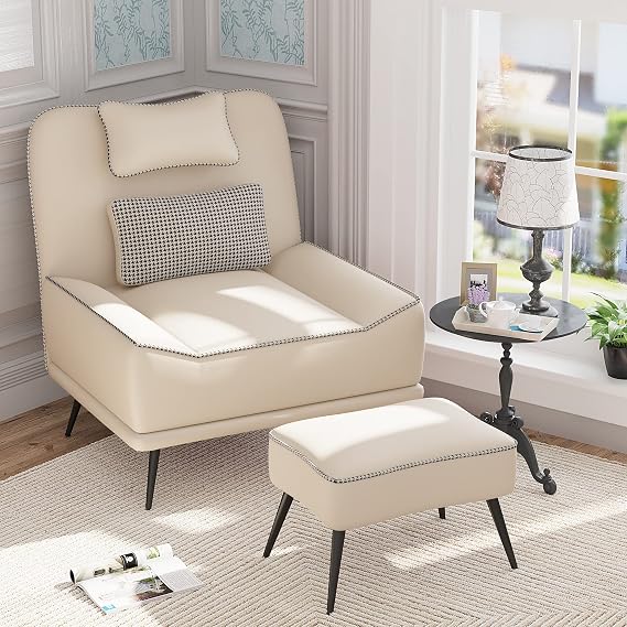 Faux Leather Accent Chair with Ottoman, Modern Upholstered Large Sofa Chair for Living Room Bedroom Lounge Chair Armless Accent Chair and Ottoman Set Beige