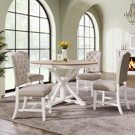 Retro 5-piece Farmhouse Dining Table Set Extendable Round Oval Table and 4 Upholstered Chairs for Kitchen Dining Room, Oak Natural Wood + Off White