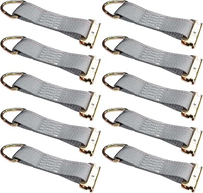 US Cargo Control E-Track Rope Tie-Offs, 2 Inch x 6.5 Inch Cargo Tie-Downs 10-Pack with D Ring & Spring E Track Fitting for Securing Cargo, 1,467 Pounds Working Load Limit - Grey