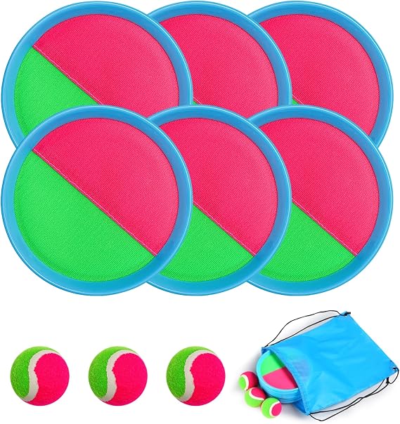Blue Catch Toss Game Set with 6 Paddles and 3 Sticky Balls, Beach Pool Toys, Birthday Gift for Kids 3+ Years Old