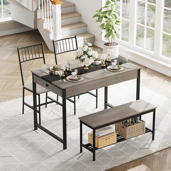 IDEALHOUSE Dining Table Set for 4, Space-Saving Kitchen Table with Bench & 2 Chairs, Grey