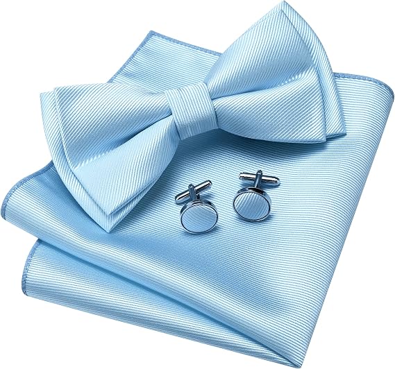 GUSLESON Mens Solid Color Two Layer Pre-tied Bow Tie and Pocket Square Cufflink Set with Gift Box