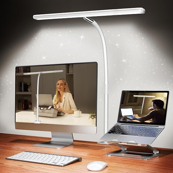 Airlonv LED Desk Lamp with Clamp, 17" Stepless Dimming Light, White