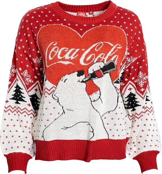 Classic Ugly Christmas Sweater for Womens - Coca Cola Heart Polar Bear Drinking Graphic Knitted Pullover Sweater