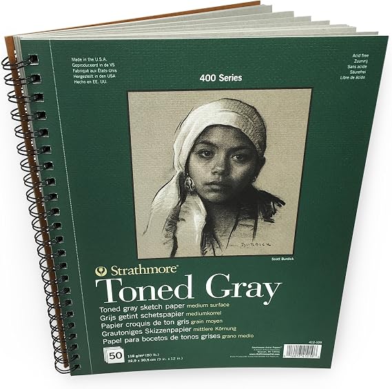 Strathmore 400 Series Wire Bound Toned Sketch Pad, 80 lb. Paper, 9 X 12 inches, Gray, 50 Sheets (412-109)