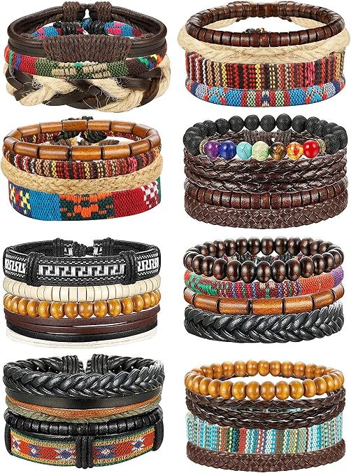 FIBO STEEL 31 PCS Braided Leather Beaded Bracelets for Men Women Set