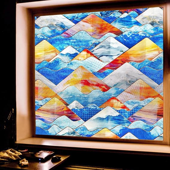 Beautsaid Window Privacy Film Stained Glass(Mountains,16.9 x 39.4 inch)