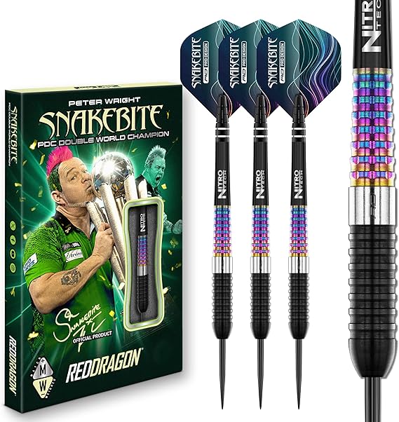 RED DRAGON Darts – Professional Player – Peter Wright Snakebite Corra - 90% Tungsten Steel tip Darts Set with Dart Flights and Dart Shafts (Stems)