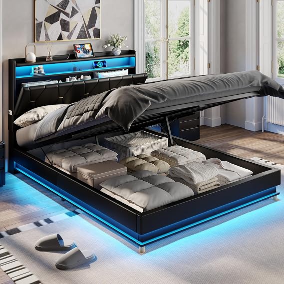 Fameill Queen Size Lift Up Storage Bed Frame, Storage Headboard with Charging Station, LED Lights Upholstered Platform Bed, No Box Spring Needed, Noise-Free, Black