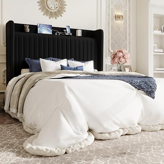 SHA CERLIN Queen Size Velvet Bed Frame with Shelf, Charging Station, Black