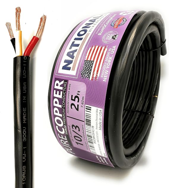 NATIONAL Wire & Cable 10 AWG 2-Conductor with Ground Premium Copper Wire, 25 ft, Stranded | Made in USA, Heavy-Duty Flexible Jacket | Automotive, Solar, Battery, Indoor and Outdoor Use