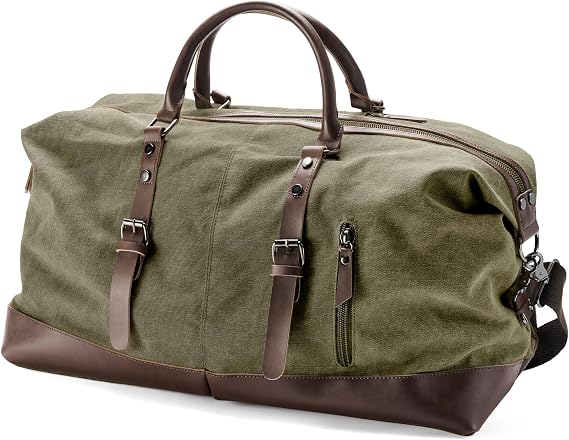Trendhim Large Army Green Canvas and Brown Leather Duffel Bag for Men Travel Weekend Gym and Overnight Duffle Bag