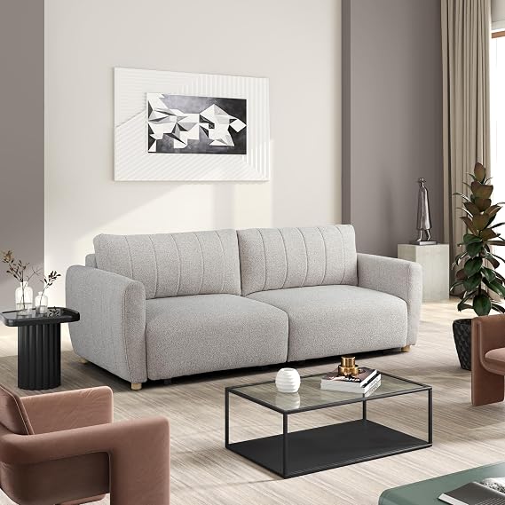 Serta Galway 91.7" Convertible Sleeper Sofa, Queen Size, Wall-Hugging Dreamglide Mechanism, Dreamcoil Comfort, Boucle Fabric, Pebble