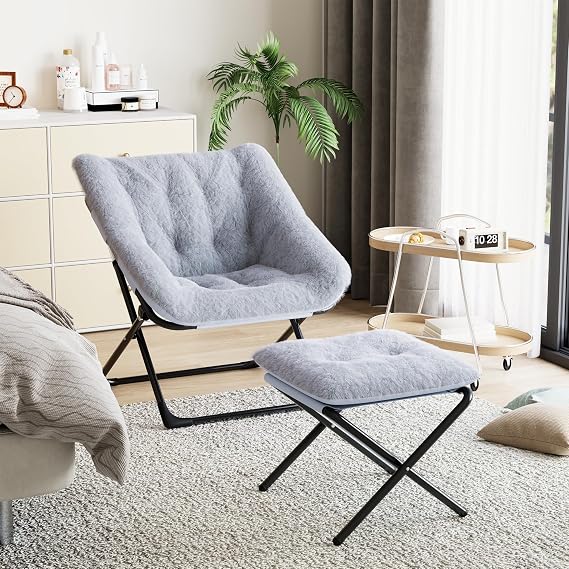 Oversized Folding Saucer Chair with Ottoman, Faux Leather Lounge Chair with Sturdy Metal Frame, Padded Accent Chair for Bedroom or Living Room, Gray