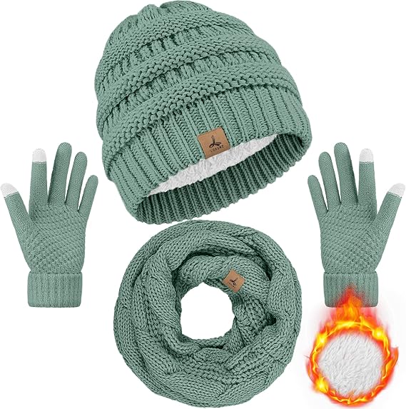 LOROME Winter Beanie Hat Scarf Gloves, Warm Fleece Knit Neck Scarf Set Gift