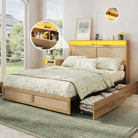 Maupvit Full Size Boho Bed Frame with Rattan Hidden Storage Headboard, LED Light and 4 Drawers, Charging Station, Metal Platform Bed, No Box Spring Needed,Brown