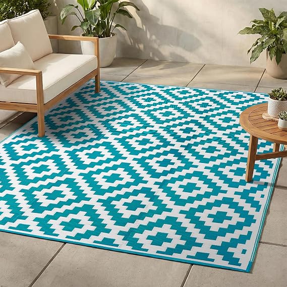 FH Home Outdoor Camping Rug - Waterproof, Fade Resistant, Reversible - Premium Recycled Plastic - Geometric - Large Patio, Deck, Sunroom, RV - Aztec - Teal & White - 9 x 12 ft Foldable