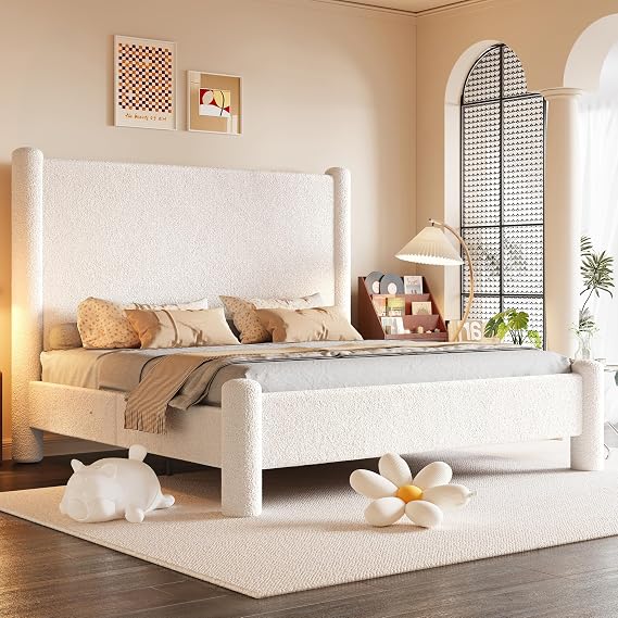 Jocisl Cloud Bed Frame, 47.64" Tall Headboard, White Boucle
