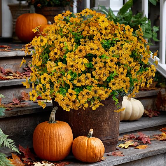 AXYLEX Artificial Fall Flowers for Outdoors, Fake Mums (Yellow)