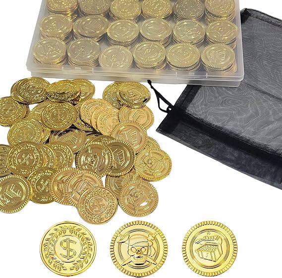 144 Pcs Fake Gold Coins - Plastic Pirate Gold Coins for Kids - Perfect for Pirate Themed Parties, Games, and Treasure Hunts(3 Pattern)